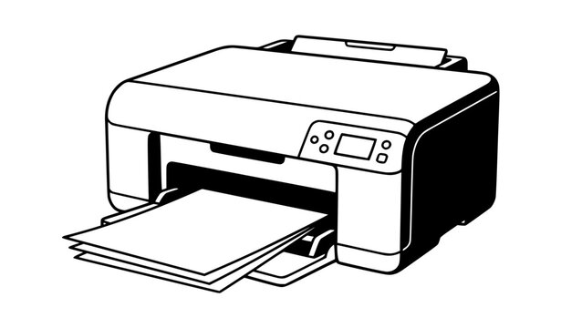 Black and white printer icon with open paper tray isolated on white background