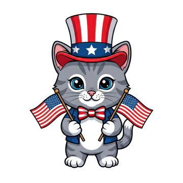 Cute pixel art cat with american flags and patriotic hat isolated on transparent background