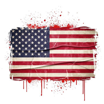 American flag with paint splatter and grunge texture isolated on transparent background