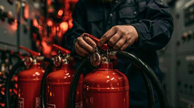 Fire Extinguisher Check: Close-up on a worker's hands inspecting a fire extinguisher, emphasizing safety and preparedness in an industrial setting.