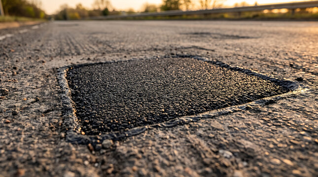 Road pothole repair with asphalt patch on sunlit street