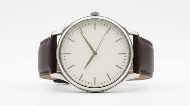 Minimalist silver wristwatch with brown leather strap, elegant analog timepiece on white background, classic men's fashion accessory