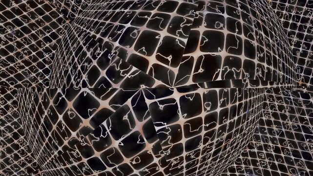 A series of distorted black and white squares cover a surface, creating an abstract design. The pattern plays with shape and light, offering a unique visual experience