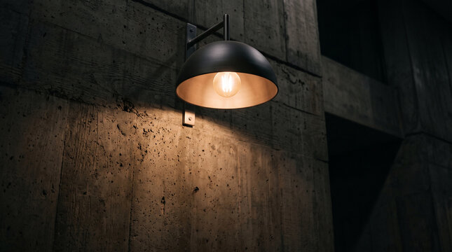 Industrial wall lamp illuminates textured concrete in dimly lit modern interior