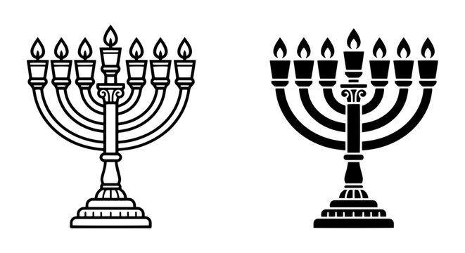 Hanukkah Menorah Vector Icons, Jewish Holiday Candle Holders, Festive Celebration Symbols, Black and White