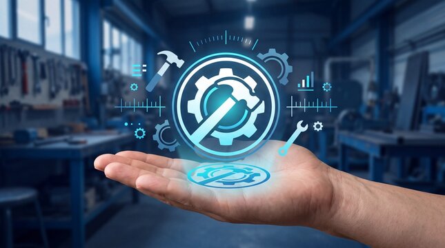 Hand holding holographic industrial maintenance icons in workshop with maintenance manufacturing tools
