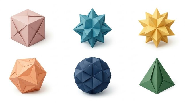 A collection of colorful geometric origami paper shapes isolated on a white background representing creative paper folding art projects