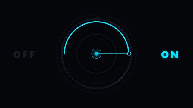 Futuristic digital HUD dial switching from off to on with blue neon glow