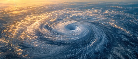 Fototapeta premium Powerful Hurricane Swirling Over Ocean Surface at Sunset from Space.