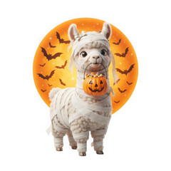 Naklejka premium A cute mummy llama holding a pumpkin candy bucket for halloween isolated on transparent background