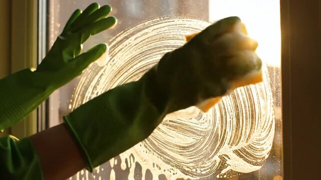 Cleaning Window with Gloved Hand Spreading Soap Bubbles in Warm Sunlight