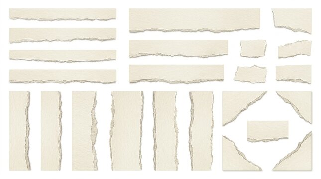 Collection of various torn paper strips and ripped edge pieces isolated on a clean white background for design projects
