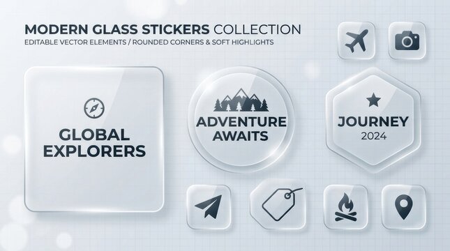 A collection of modern glass stickers featuring travel themed icons and typography for creative design and digital decoration projects