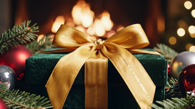 A close-up image of a green velvet gift box tied with a gold ribbon. Decorated with ornaments