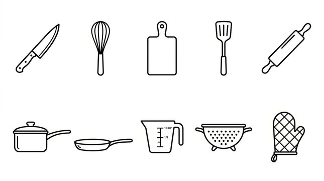 Set of simple black and white line art icons representing various essential kitchen utensils and cooking equipment tools