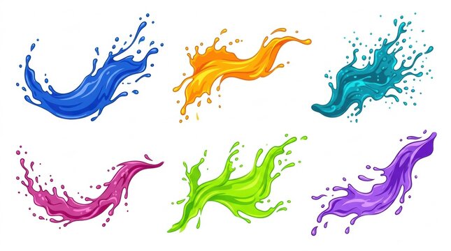 A collection of vibrant colorful liquid paint splashes isolated on a white background for creative design projects and art