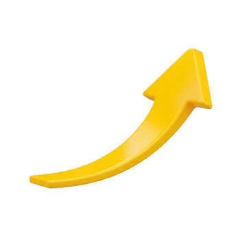Shiny 3d yellow arrow pointing upwards isolated on transparent background
