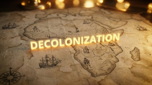 Decolonization illuminated text resting upon a vintage style map of Africa with warm golden lighting effects
