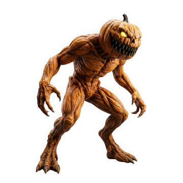 Monstrous pumpkin creature with muscular body and glowing eyes isolated on transparent background