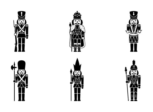 70 Nutcracker Soldier Icons Set, Festive Christmas Characters, Military Figures, Vintage Toy Collection, Black and White Vector Graphics 100