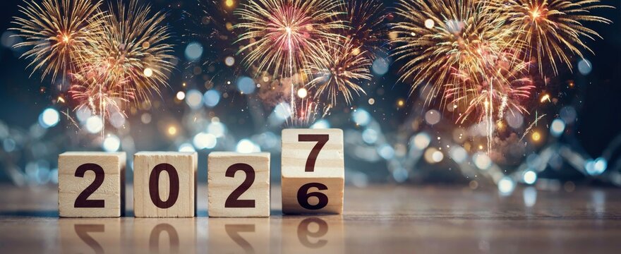 2026 to 2027 wooden cube year change fireworks