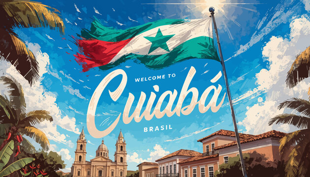 Welcome to Cuiab?, Brazil - Vibrant Cityscape with Flag and Palm Trees