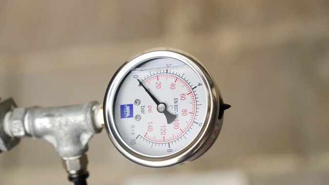 close-up of a stainless steel pressure gauge; the black needle points to 0, indicating zero pressure