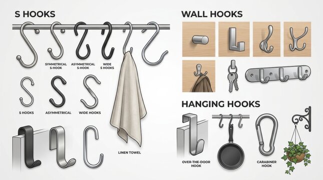 A collection of various metal hooks for home organization including s hooks wall hooks and hanging storage solutions displayed