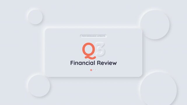 Animated Q3 Financial Review title card with clean neumorphic 3D design
