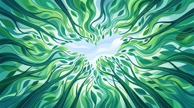 An artistic representation of a white dove emerging from a canopy of green leaves, symbolizing peace and nature