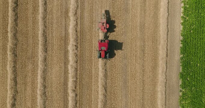 Aerial top-down view of a red tractor towing a straw baler across a harvested wheat field, following parallel straw windrows with a striking cinematic shadow in warm summer light.
