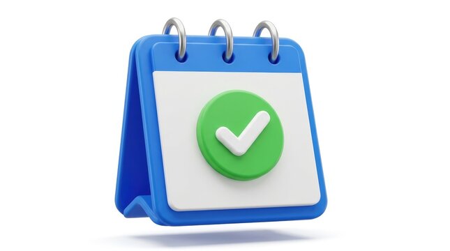 Blue desktop calendar icon featuring a large green check mark for scheduling success and task completion