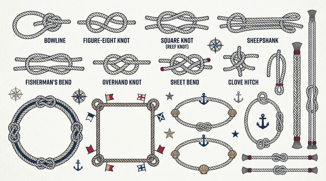 Set of hand drawn nautical elements featuring various rope knots anchors frames and maritime decorative borders for creative design