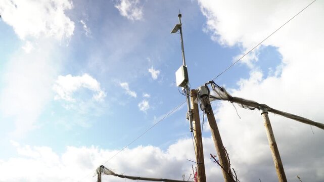a view from the ground of an antenna belonging to an automated system that collects data such as humidity to calibrate watering