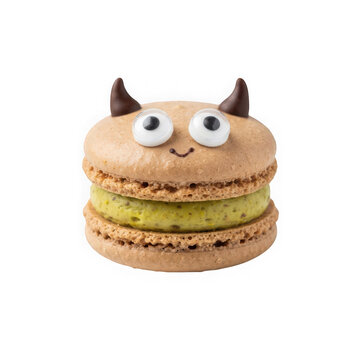 A cute monsterthemed macaron with small horns and googly eyes, isolated on transparent background