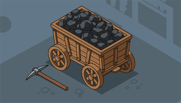 Wooden mining cart filled to the brim with dark coal standing next to a metal pickaxe in a dark underground tunnel.