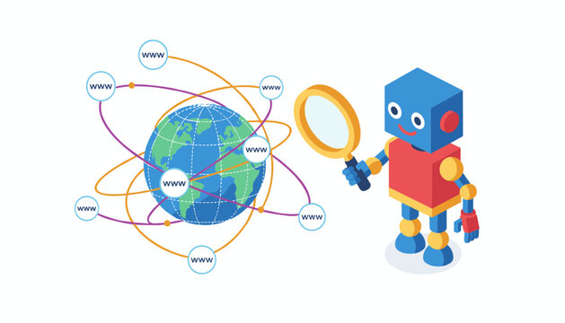 Friendly blue and red robot holding a magnifying glass to search and scan global web links around the planet earth.