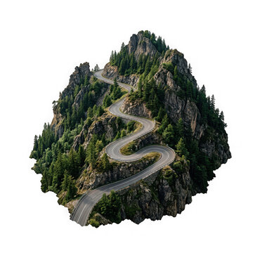 A winding mountain road cutting through a rocky landscape with pine trees, isolated on transparent background