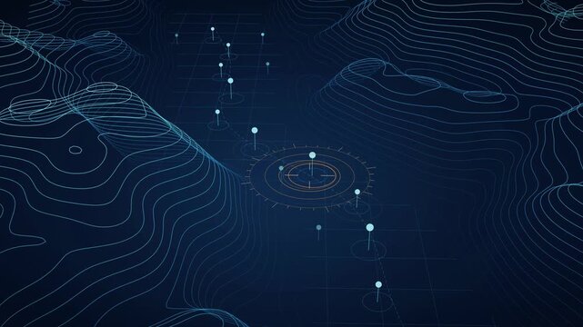 Fjord Strait Transit Queue Visualization, Seamless Loop, Abstract Geographical Mapping, Topographic Lines, Navigation Pathway, Digital Oceanic Flow, Modern Maritime Graphics