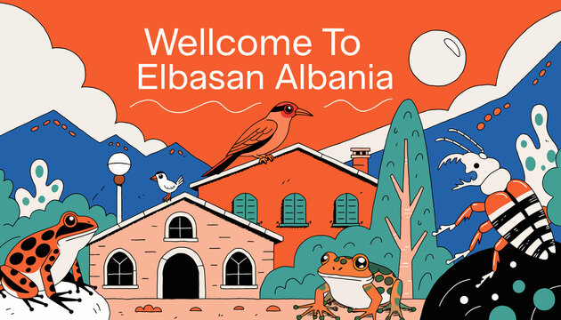 Welcome to Elbasan Albania Illustration - Vibrant Scenic Landscape with Frogs and Birds