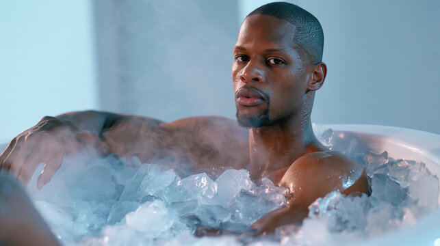 Athlete in ice bath recovery room with steam and clean white interior, documentary sports portrait