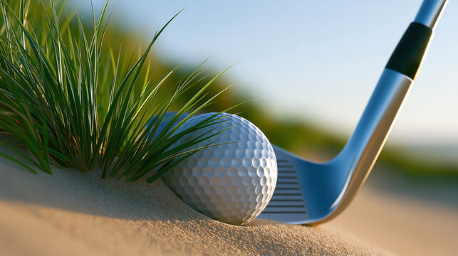 Golf ball in rough near sand bunker with golf club at address on sunny course, close up sports scene