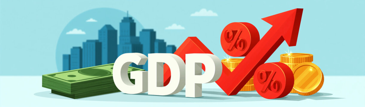 GDP Growth Illustrated: A dynamic visual representing economic growth with the acronym GDP, soaring upward arrow, financial symbols, and city skyline in the background.