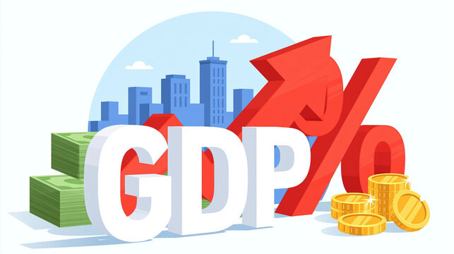 GDP Growth Illustration: An artistic representation of Gross Domestic Product growth, featuring bold lettering, a rising red arrow, currency stacks, and a cityscape silhouette.
