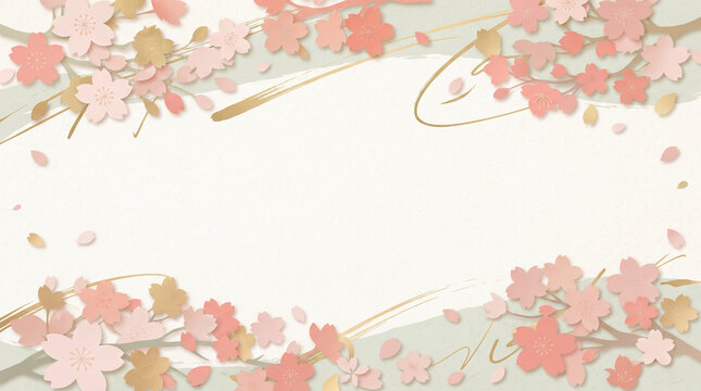  A clean, modern abstract graphic background inspired by Japanese art and design, featuring layered paper-cut style cherry blossom silhouettes 