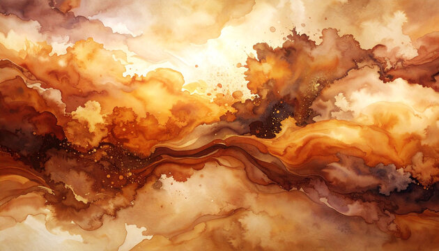 Dynamic abstract watercolor painting featuring vibrant orange and red swirling patterns, evoking a sense of fiery energy and fluid motion.