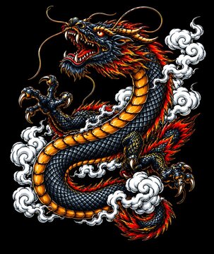 Majestic Asian dragon with a long serpentine body, golden scales, dark armor-like details, red mane and swirling white clouds. Traditional Chinese-inspired fantasy illustration with a powerful and dra