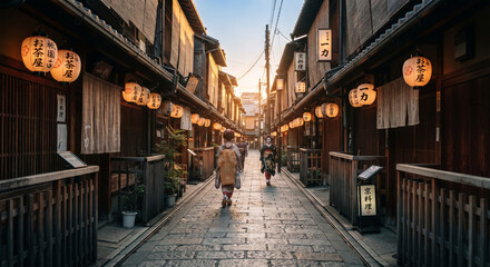 Fototapeta premium An authentic street photography shot of a narrow, historic stone-paved alleyway in Gion, Kyoto, lined with traditional wooden merchant houses (machiya) and glowing paper lanterns. Warm late-afternoon 