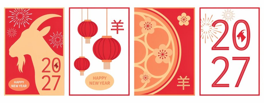 Set of four chinese new year 2027 year of the goat cards