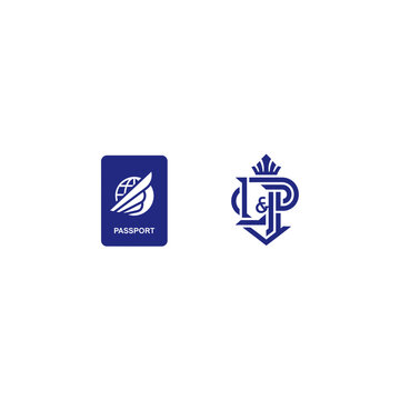 International travel passport and royal monogram crest icons
